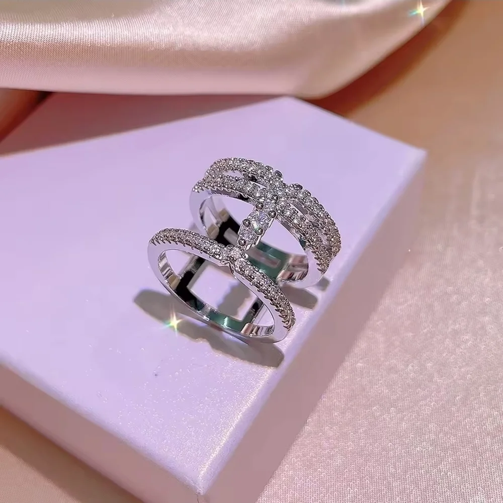 Silver Crystal Triple-Row Openwork Ring